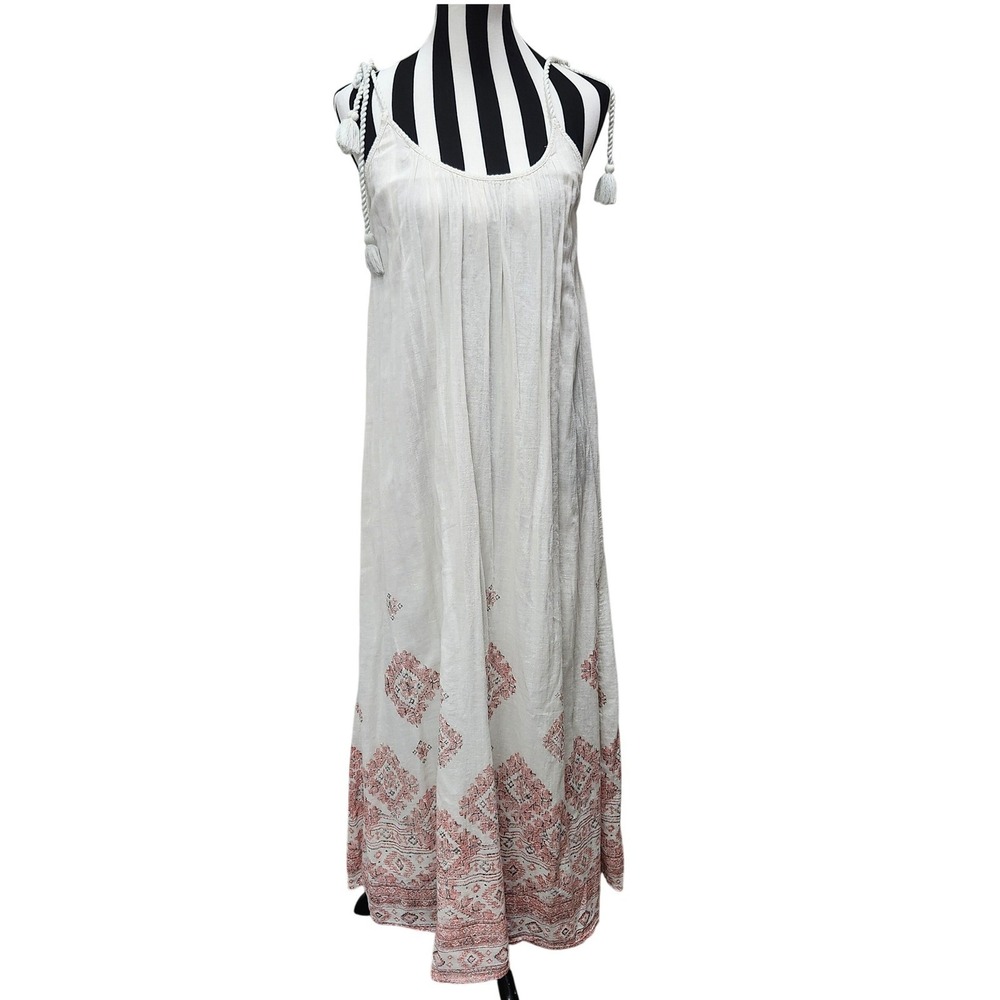Aerie Maxi Dress White Pink Medallion Border Print Boho Tassel Straps Medium